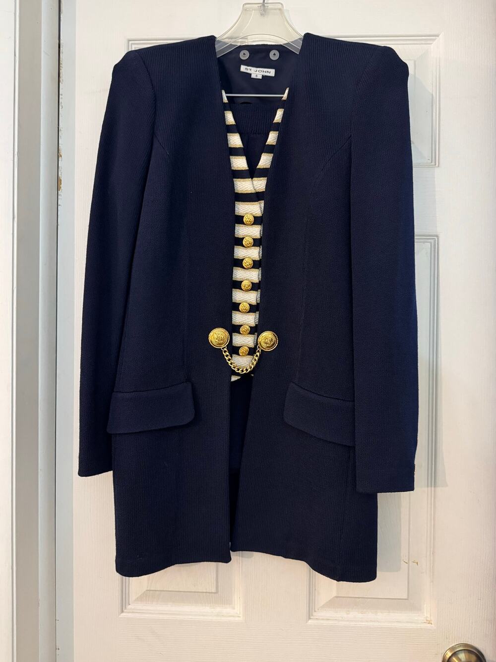 St. John 2-Piece Knit Suit Set Navy Blue Gold Metallic Trim and Skirt sz 6